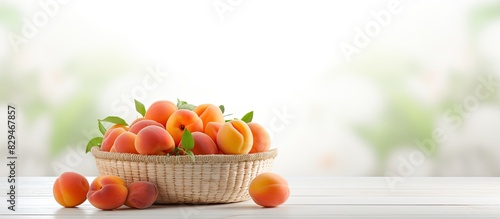 A copy space image displaying a basket filled with vibrant apricots placed on a sleek white tile table