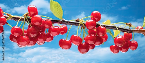 A branch of morello cherries adorned with red flowers against a backdrop of a blue sky creating a captivating copy space image photo