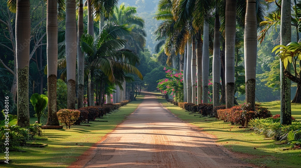 A beautiful straight path runs through the garden. Tall palm trees line both sides of the path. A beautiful straight path runs through the garden. Tall palm trees line both sides of the path.