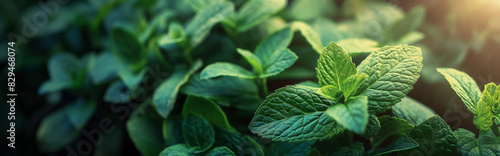 Fresh Mint plants growing banner background, top view