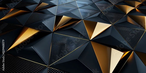 Regular black, gold and blue three-dimensional striped background, triangle/rectangle, black background, aspect ratio 2:1
