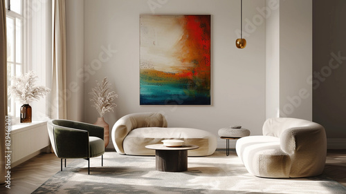 Bright painting above chairs in modern room