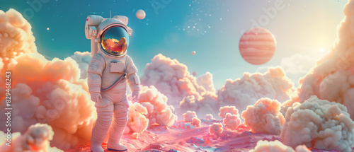 an astronaut is floating among pink clouds and a pink glowing moon. The astronaut is wearing a pink spacesuit .Generative AI photo