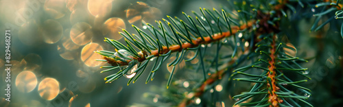 Fir tree branch banner with drops of water close up