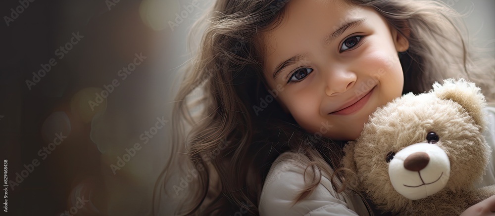 A joyful childhood memory captured in an image showing a little girl gleefully holding her beloved teddy bear creating a copy space image A joyful childhood memory captured in an image showing a little girl gleefully holding her beloved teddy bear creating a copy space image