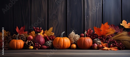 Autumn festive arrangement with decorative pumpkin fall leaves berries and acorns on an old wooden backdrop The lighting casts a hard light creating dark shadows The composition is presented in a fla photo