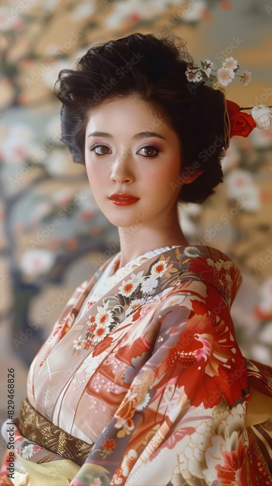 Portrait of a young Japanese woman in traditional kimono