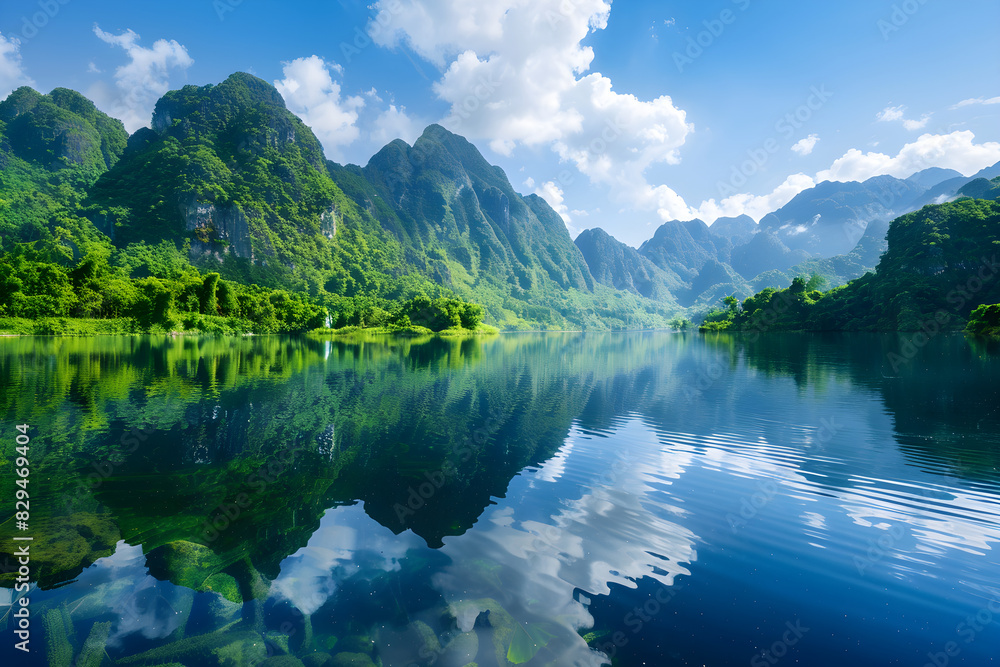 Tranquil Mountain Lake Reflecting Greenery and Blue Sky in Serene Landscape