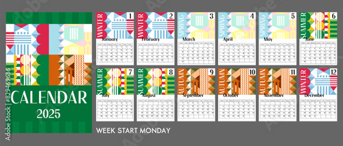 Abstract colorful A4 calendar 2025 with trendy geometric elements, seasonal details.Cover and 12 monthly pages. Week starts on Monday, A3 A2 A6 formats. Cute modern business calendar.Isolated on gray.