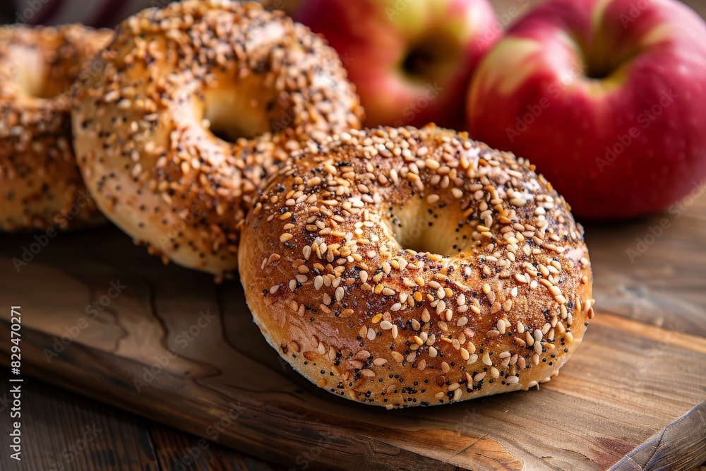 Plain bagels, close-up, perfect for sandwiches, with a shiny, chewy exterior and soft, warm inside, on a baking sheet. . Beautiful simple AI generated image in 4K, unique.