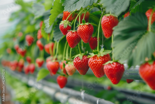 Strawberries growing in a greenhouse at a commercial farm with modern technology  full of strawberries hanging on white pipes and green leaves. Angular planters for a fruits business concept.