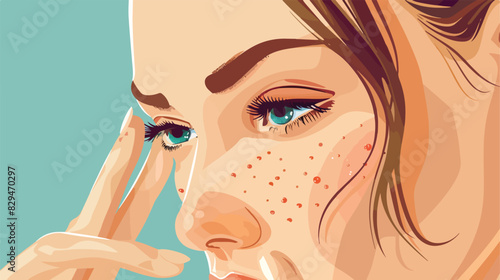 Woman popping pimple on her nose closeup Cartoon vector