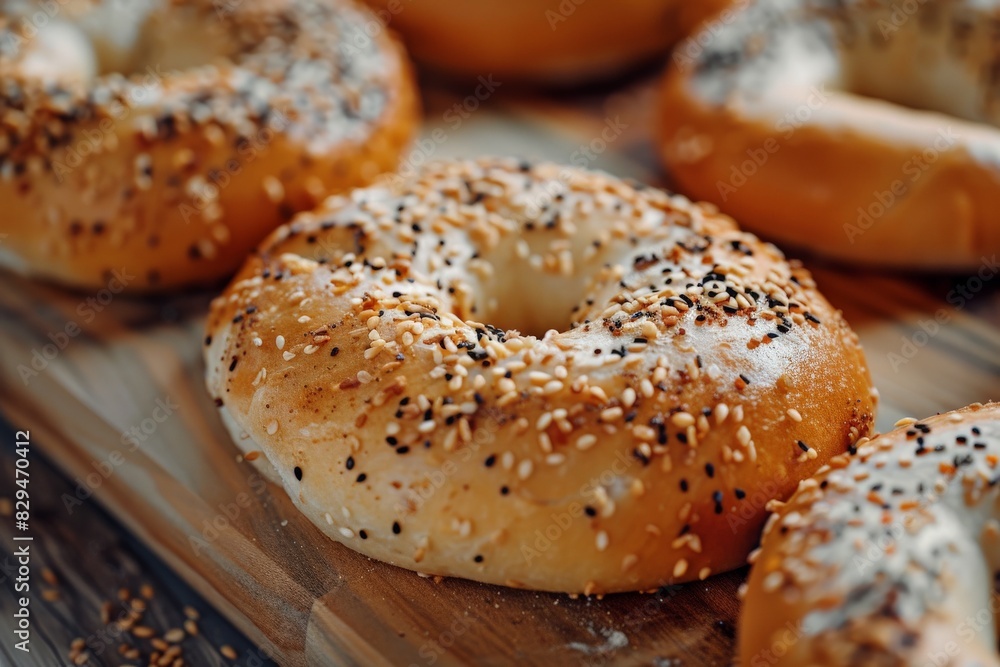 Freshly prepared vegan bagels, close-up, with a glossy top sprinkled with sesame seeds, on a linen cloth. . Beautiful simple AI generated image in 4K, unique.