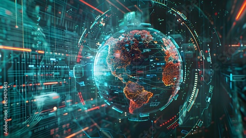 Global network hub with an America-centric digital world globe, illustrating international data exchange and advanced cyber technology
