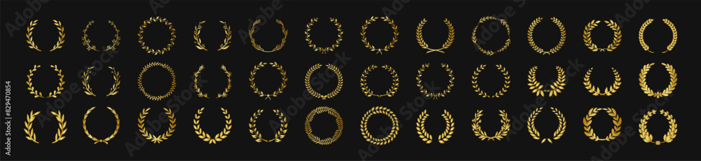 Circular gold laurel foliate vector icon set. Set of black silhouette circular laurel foliate, wheat and oak wreaths depicting an award Circular gold laurel foliate vector icon set. Set of black silhouette circular laurel foliate, wheat and oak wreaths depicting an award