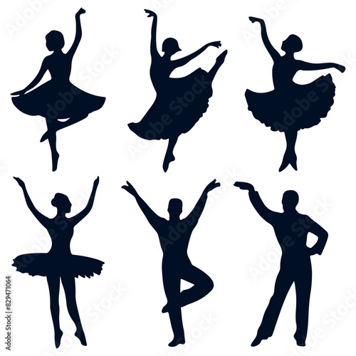 simple silhouette set of dancers, graphic black color outlines only, on white background