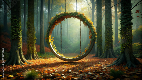 the swing is circular and covered in leaves and butterflies flying in the middle of the circle and the autumn effect photo