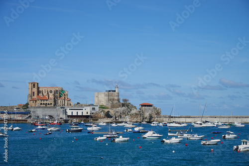 View of the Castro Urdiales marina with the Church of Santa María