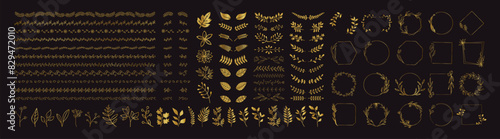 Set of gold design elements. Wreath, frames, calligraphic, swirls divider, laurel leaves, ornate, award, arrows. Vintage line decoration frames collection