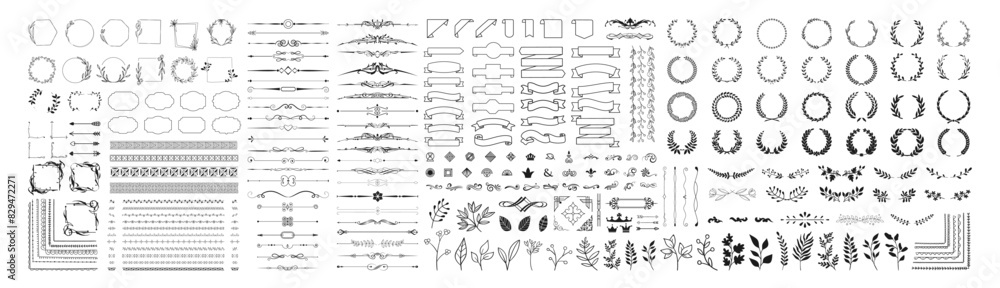 Set of design elements. Wreath, frames, calligraphic, swirls divider, laurel leaves, ornate, award, arrows. Vintage line decoration frames collection
