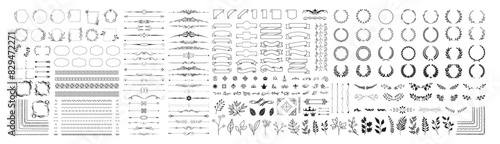 Set of design elements. Wreath, frames, calligraphic, swirls divider, laurel leaves, ornate, award, arrows. Vintage line decoration frames collection
