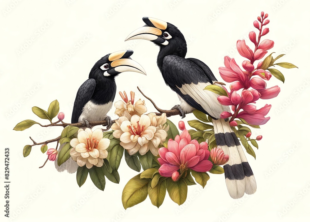 Naklejka premium Illustration of two Malabar pied hornbills with flowers