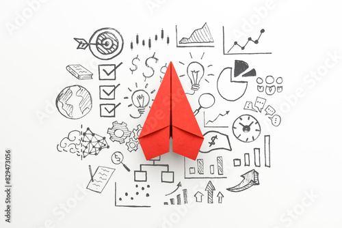 Innovation and solution concept with Red paper plane and business strategy on white background