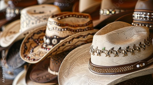 An array of cowboy hats in various sizes and styles from classic straw to bold studded designs.