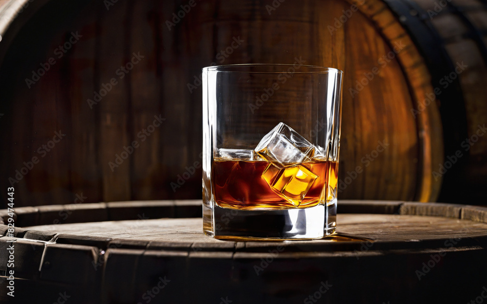 glass of whiskey and ice cubes on a wooden barrel glass of whiskey and ice cubes on a wooden barrel