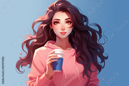 Beautiful girl bring a coffee or tea in hand with pink shirt and blue jeans vector illustration