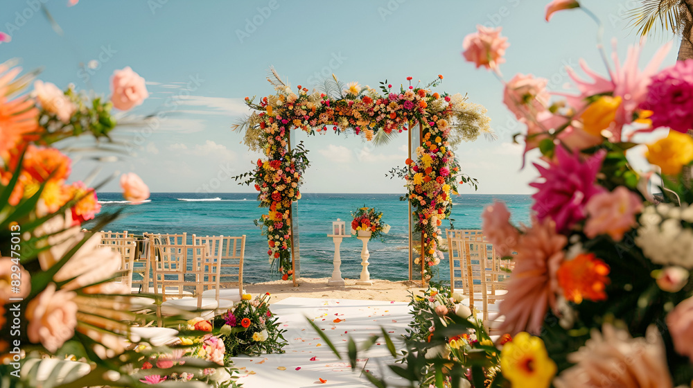 Sunset wedding aisle with floral decorations leading to ocean view., Floral frame for outdoor beach wedding