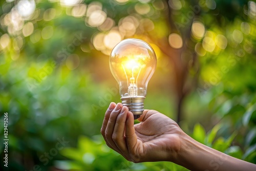 man holding light bulb with blur nature background