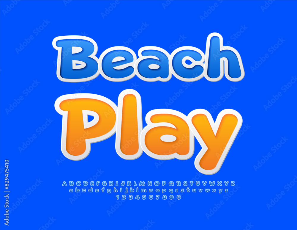 Vector funny emblem Beach Play. Cute Blue Font. Childish style set of Alphabet Letters and Numbers Vector funny emblem Beach Play. Cute Blue Font. Childish style set of Alphabet Letters and Numbers