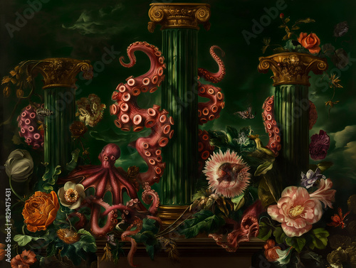 Wallpaper Mural Surreal art fantasy scene secret mysterious garden of flowers and plants, peonies, tulips, roses, orchids, fruits, mushrooms. Baroque, renaissance style, rich colors, dramatic lighting, oil painting Torontodigital.ca
