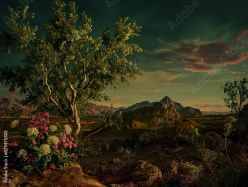 Surreal art fantasy scene secret mysterious garden of flowers and plants, peonies, tulips, roses, orchids, fruits, mushrooms. Baroque, renaissance style, rich colors, dramatic lighting, oil painting