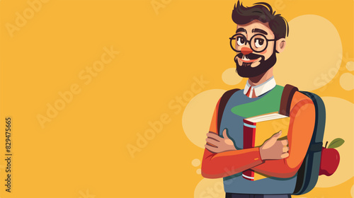 Young male teacher with books and apple on yellow background