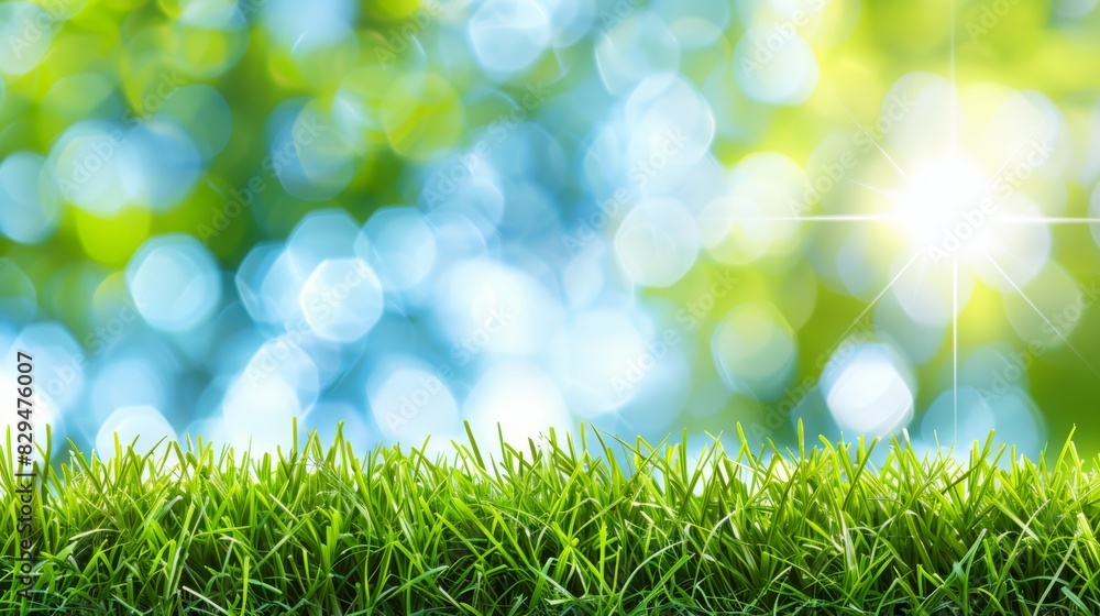 Obraz premium A tight shot of a lush green grassfield beneath a vivid blue sky In the foreground, a radiant beam of sunlight filters through, casting a brilliant green hue on the grass