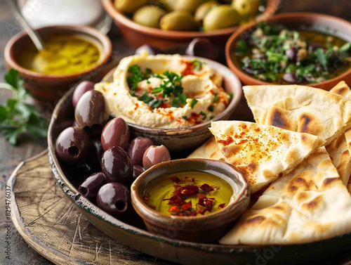 A decorative platter filled with various Mediterranean mezze dishes, including hummus and olives.