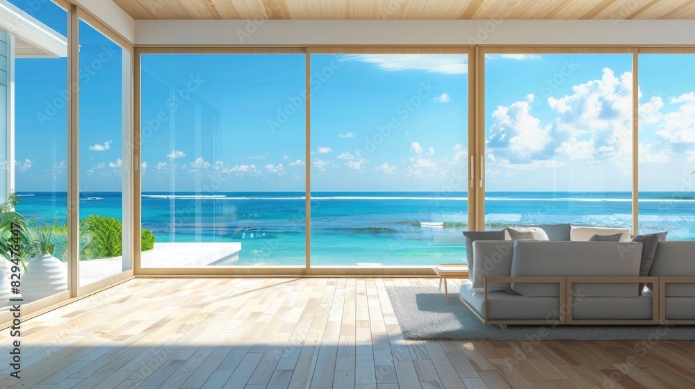 Luxury beach house. home interior space living room. sofa on wooden floor with ocean seaside blue sky view, sea beach, summer freshness travel season window view house design