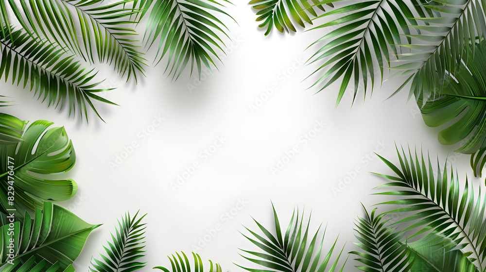 Green plam leaf frame isolated on white background, green leaf of palm tree isolated on white background