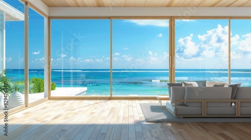  Luxury beach house. home interior space living room. sofa on wooden floor with ocean seaside blue sky view  sea beach  summer freshness travel season window view house design