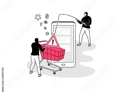 Online shopping fraud symbol with a smartphone and a fake shopping cart. Flat design, easy to use for your website or presentation.