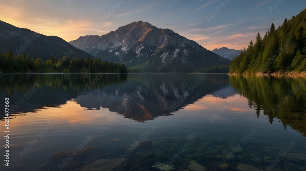  A calm, crystal-clear lake reflecting the surrounding mountains and sky at sunset