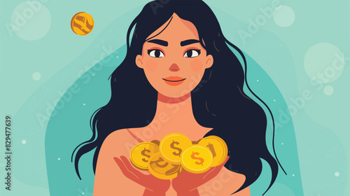 Young woman holding pile of coins closeup view Cartoo