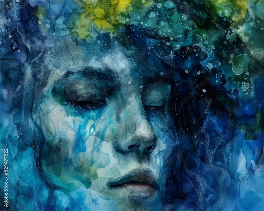 Obraz premium Abstract portrait of a woman with flowing blue and green hair, eyes closed, evoking serenity and tranquility.