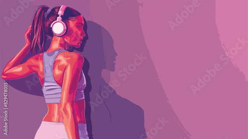 Young woman in sportswear and headphones on violet background