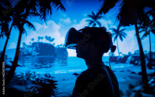 Silhouette of a person wearing a VR headset, immersed in a tropical island virtual reality experience.