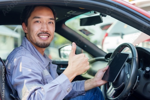 Smiling insurance officer giving thumbs up inside car. Asian man in uniform, holding clipboard, reassuring customer. Represents positive service, customer satisfaction, effective accident management.