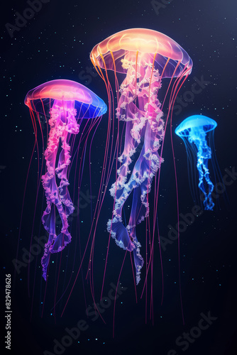 Neon Glowing Jellyfish on Dark Background