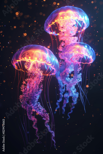 Vibrant Glowing Jellyfish, Deep Ocean Illumination